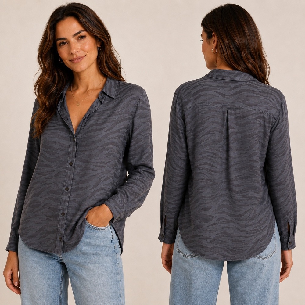 Cloth & Stone Womens Button Down Shirt Grey Zebra Jacquard Animal Print XL